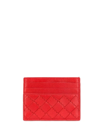 Shop Bottega Veneta Intrecciato Weave Leather Card Holder In Red
