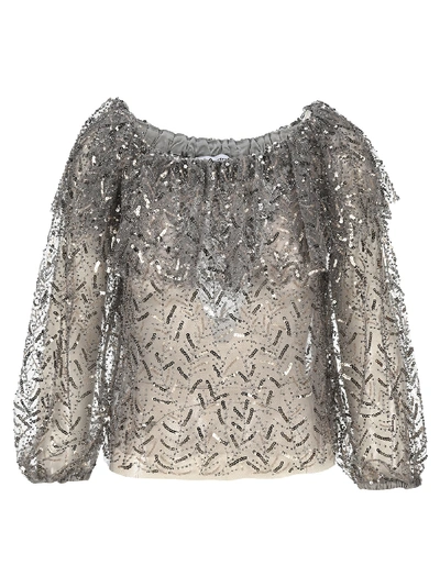 Shop Self-portrait Self Portrait Off-the-shoulder Leaf Sequin Top In Light Grey