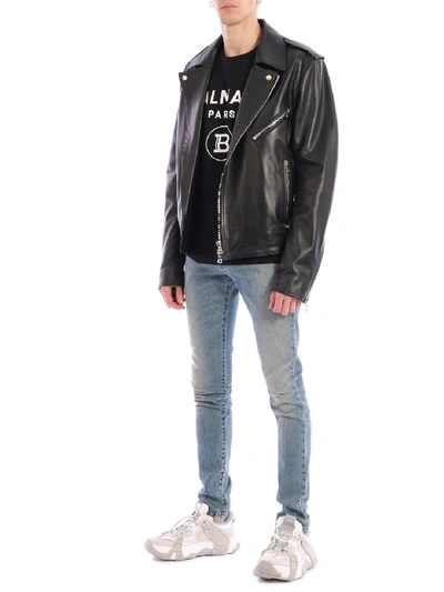 Shop Balmain Biker Leather Jacket In Black