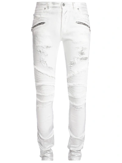 Shop Balmain Silver Cotton Jeans In White