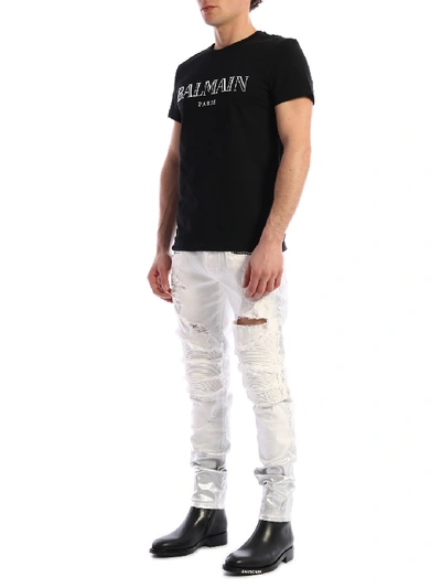 Shop Balmain Silver Cotton Jeans In White
