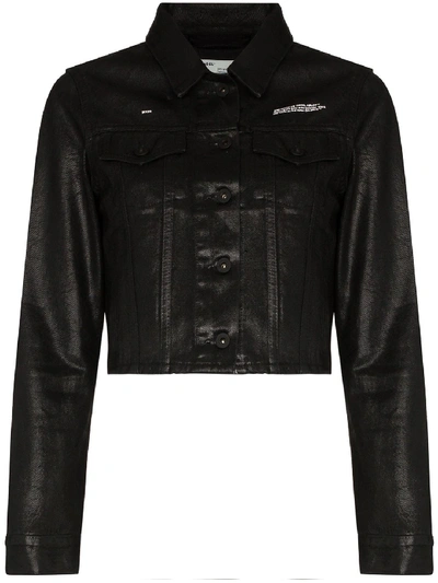 Shop Off-white Coated Cropped Denim Jacket In Black