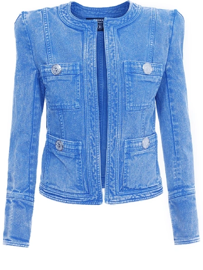 Shop Balmain Blue Denim Jacket In Light Blue