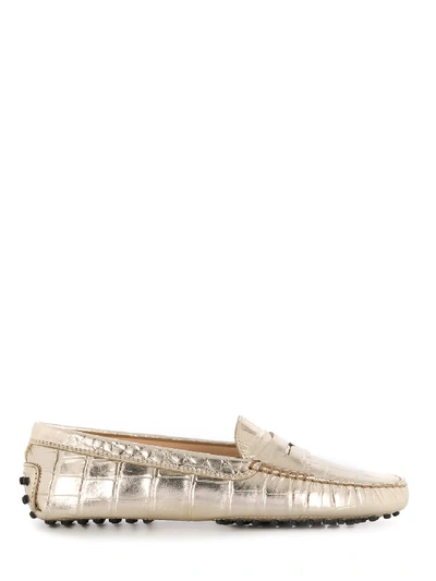 Shop Tod's Crocodile Printed Gommino Driving Shoes In Gold