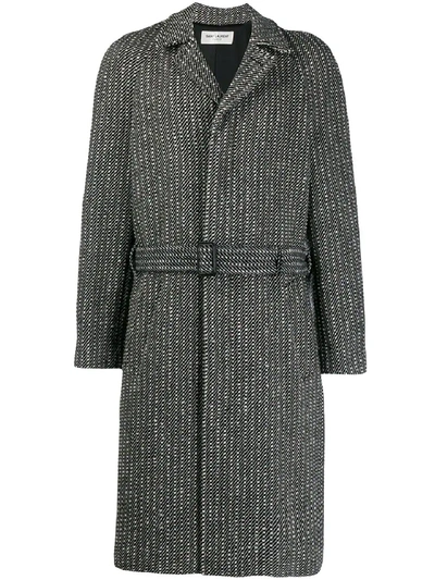 Shop Saint Laurent Belted Overcoat In Wool Twill In Grey