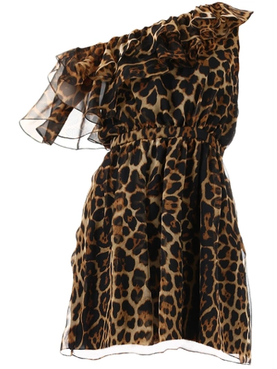 Shop Saint Laurent Silk Dress Animal Print In Brown