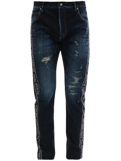 Shop Balmain Logo Jeans Slim In Blue