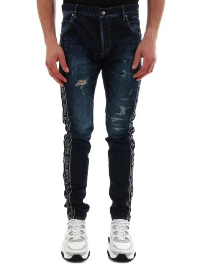 Shop Balmain Logo Jeans Slim In Blue