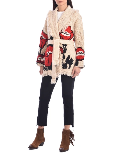 Shop Alanui Red Poppy Cables Cardigan In Beige