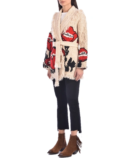 Shop Alanui Red Poppy Cables Cardigan In Beige
