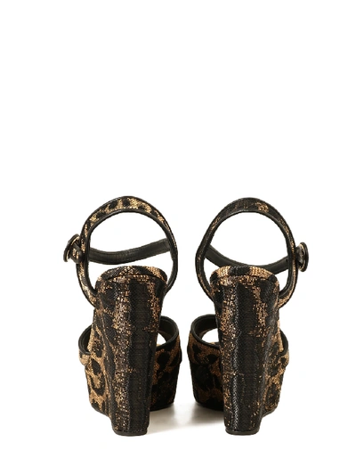 Shop Dolce & Gabbana Leo Printed Raffia Wedge Sandal In Gold