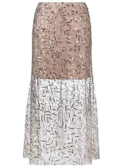 Shop Self-portrait Leaf Sequin Midi Skirt In Grey