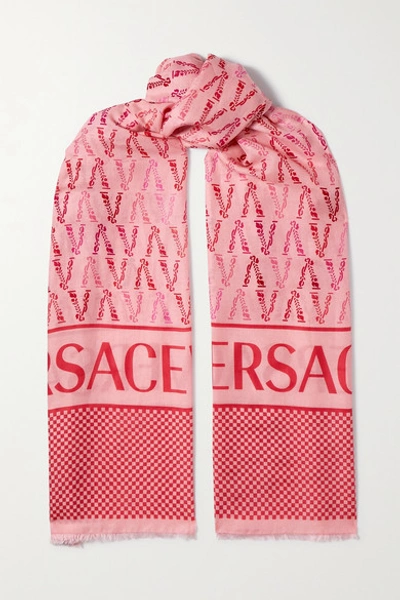 Shop Versace Frayed Printed Cotton And Silk-blend Twill Scarf In Pink