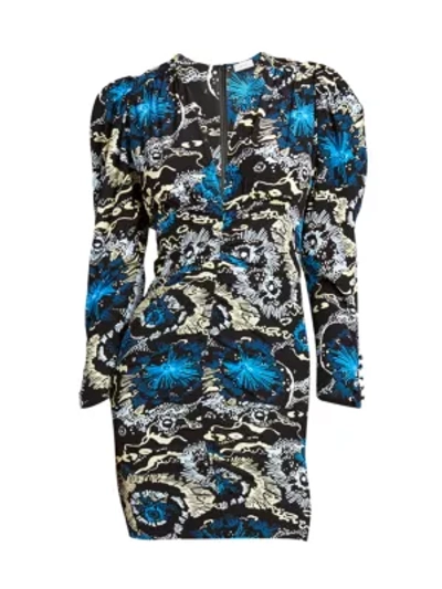 Shop A.l.c Roxy V-neck Long-sleeve Printed Dress In Black Blue