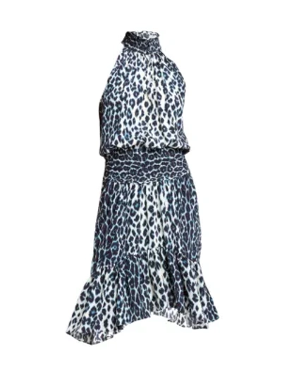 Shop A.l.c Cody Silk Halter Leopard-print Dress In Cream Blue