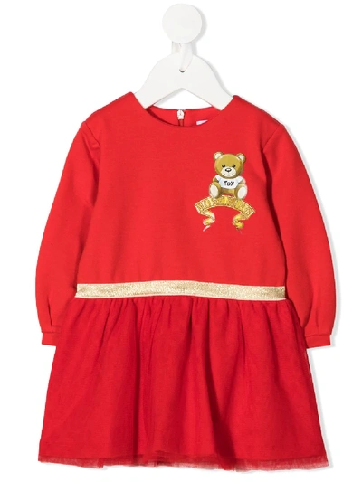 Shop Moschino Embroidered Logo Sweater Dress In Red