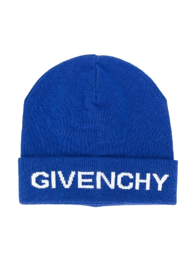 Shop Givenchy Logo Beanie Hat In Blue