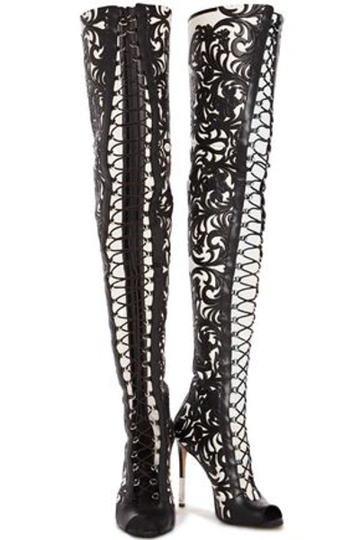 Shop Balmain Campbell Lace-up Leather-trimmed Stretch-suede Thigh Boots In Black