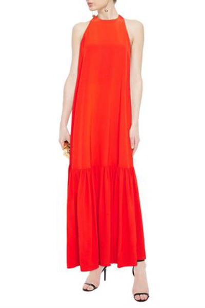 Shop Tibi Gathered Silk Crepe De Chine Maxi Dress In Bright Orange