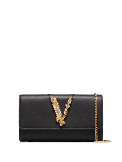 Shop Versace Virtus Crystal Embellished Clutch Bag In Black