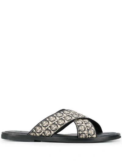 Ferragamo Men's Sion 3 Gancio-print Slides In Neutrals