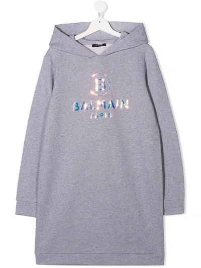 Shop Balmain Teen Logo-print Hoodie Dress In Grey