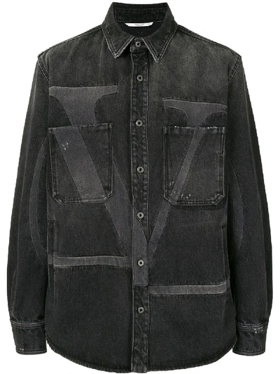 Shop Valentino Deconstructed Vlogo Denim Shirt In Black