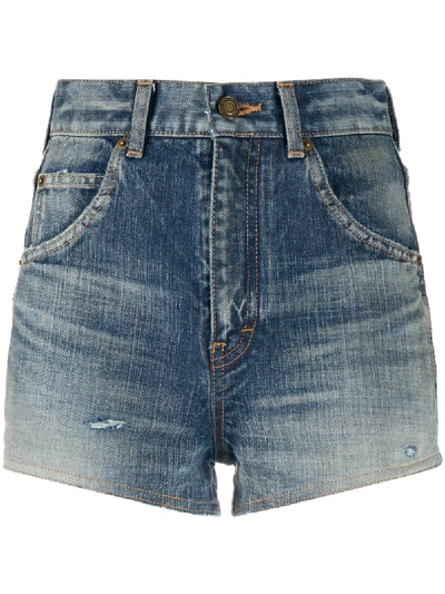 Shop Saint Laurent Destroyed Denim Shorts In Blue