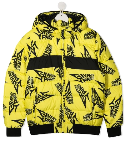 Shop Givenchy Teen Quilted Logo Down Coat In Yellow