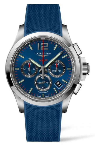 Shop Longines Conquest V.h.p. Rubber Strap Watch, 42mm In Blue/ Silver