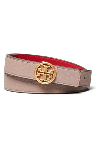 Shop Tory Burch T-logo Reversible Leather Belt In Gray Heron/ Red/ Gold