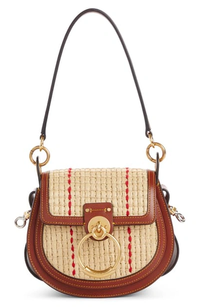 Shop Chloé Small Tess Woven Raffia & Leather Shoulder Bag In Sepia Brown