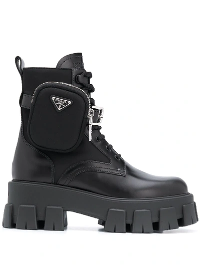Shop Prada Belted Combat Boots In Black
