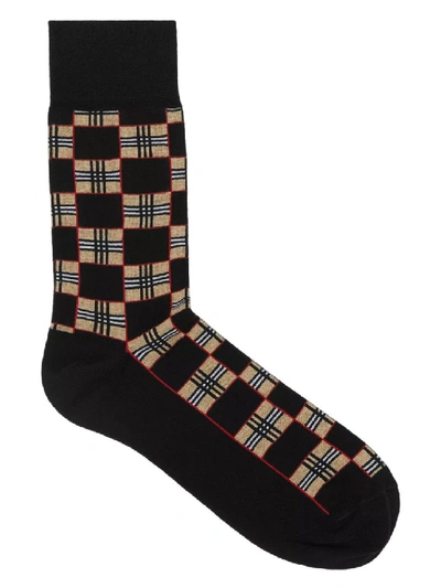 Shop Burberry Black Checkered Archive Print Socks