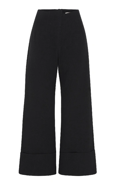 Shop St Agni Kazashi Cotton-linen Cropped Flared-leg Pants In Black