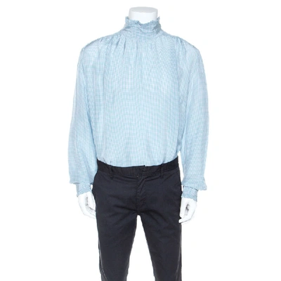 Pre-owned Gucci Blue Checked Crepe Ruffle Trim Shirt Xxl