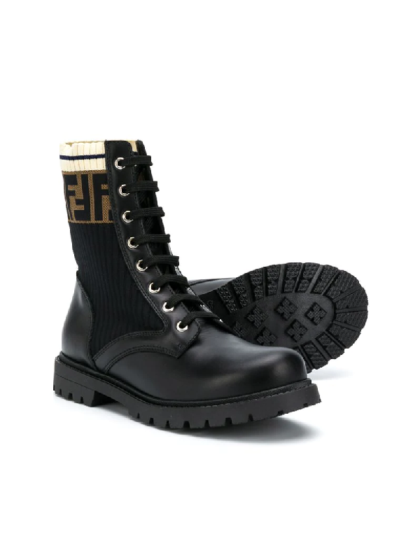 Fendi Boys Black Kids Ff Worker Leather Lace-up Boots 7-10 Years 1 |  ModeSens