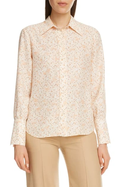 Shop Chloé Bird Print Silk Crepe Shirt In White - Orange
