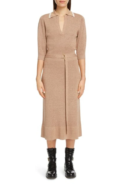 Shop Chloé Belted Silk & Wool Midi Sweater Dress In Captive Beige