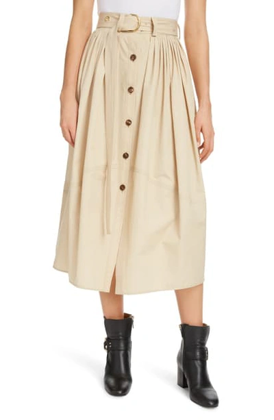 Shop Chloé Belted Pleated Poplin Midi Skirt In Soften Brown