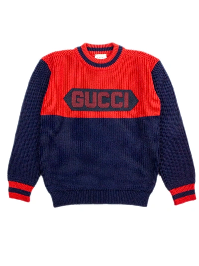 Shop Gucci Blue And Red Wool Jumper In Blu+rosso