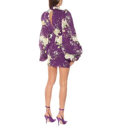 Shop Attico Floral Silk Turtleneck Minidress In Purple