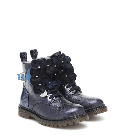 Shop Monnalisa Embellished Faux Leather Ankle Boots In Blue