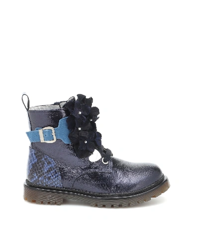 Shop Monnalisa Embellished Faux Leather Ankle Boots In Blue