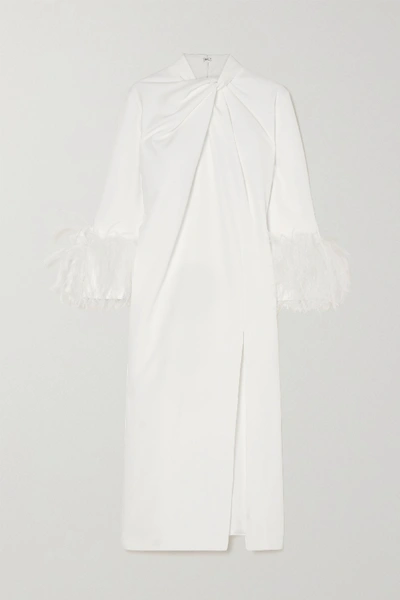 Shop 16arlington Fujiko Feather-trimmed Knotted Crepe Midi Dress In White