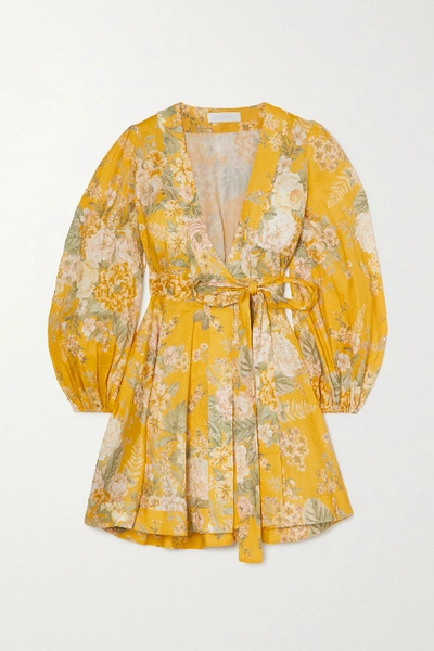 Shop Zimmermann Amelie Floral-print Linen Mini Wrap Dress In Mustard