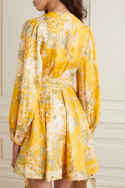 Shop Zimmermann Amelie Floral-print Linen Mini Wrap Dress In Mustard