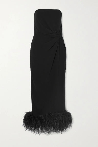 Shop 16arlington Himawari Strapless Feather-trimmed Knotted Crepe Midi Dress In Black