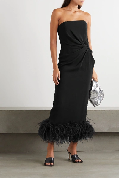 Shop 16arlington Himawari Strapless Feather-trimmed Knotted Crepe Midi Dress In Black