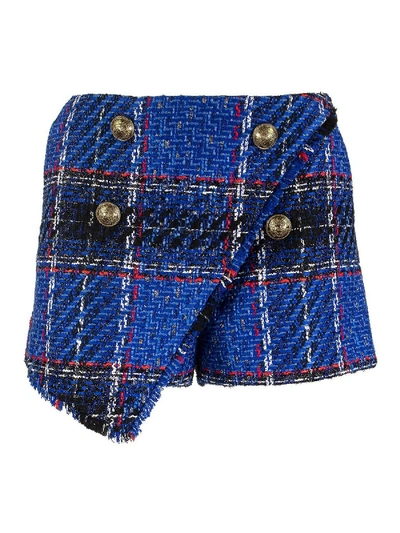 Shop Balmain Tartan Tweed Asymmetrical Shorts In Blue